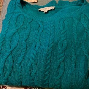 cable knit turquoise long sleeve sweater cuffed side slits soft longish